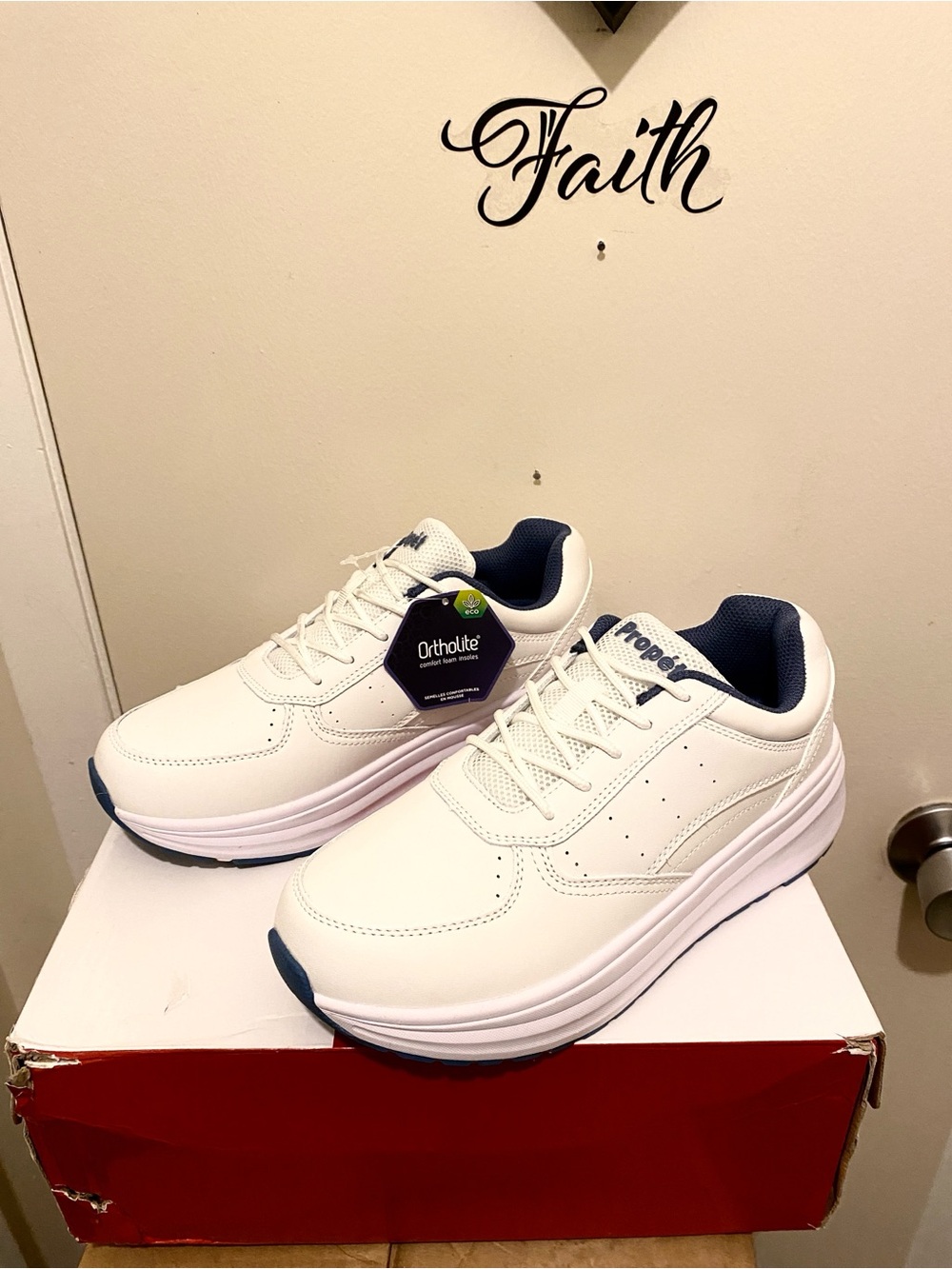 Propet Men's White Athletic Shoes with Navy Details